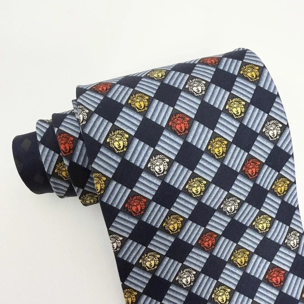 Versace Men's Tie Medusas Checkered Navy Silk Japan 3.75